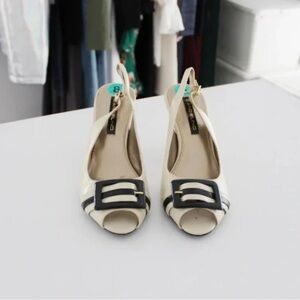 Bandolino Cream and Black Peep-Toe Heels